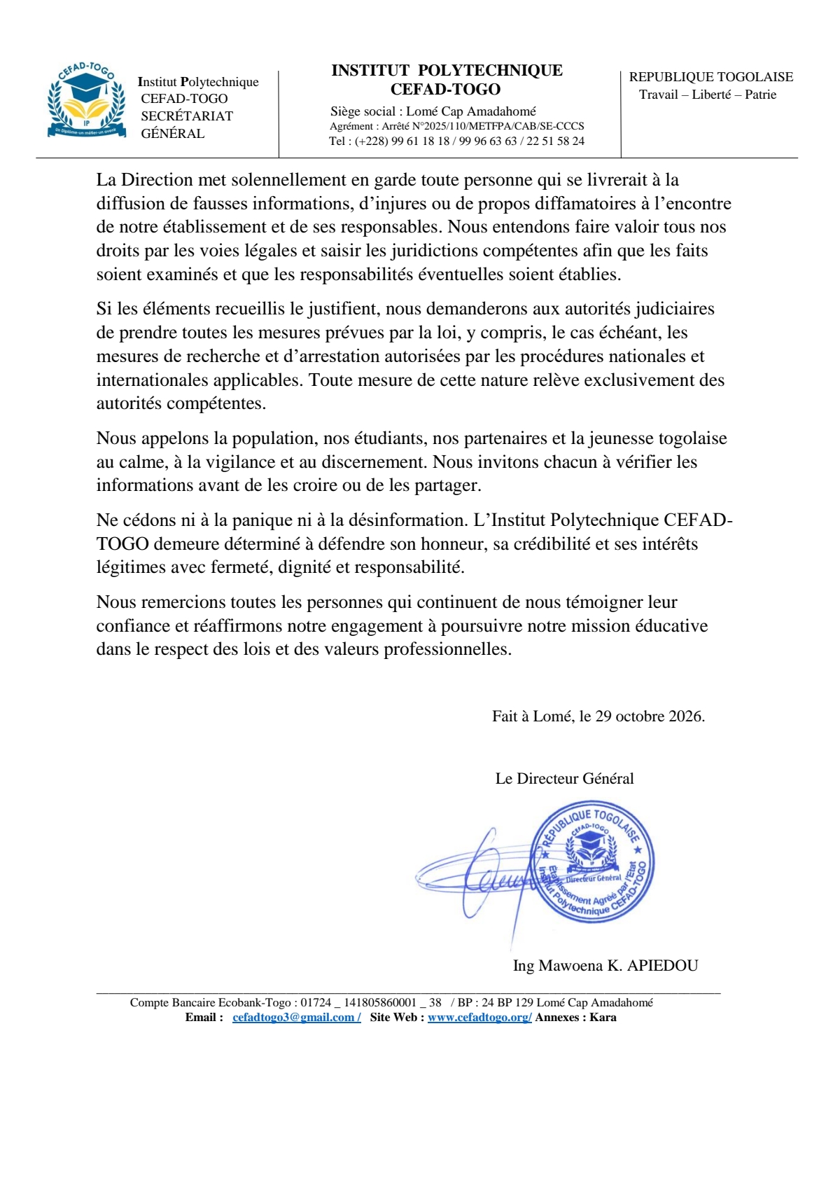 Communiqué Cefad togo 2/2